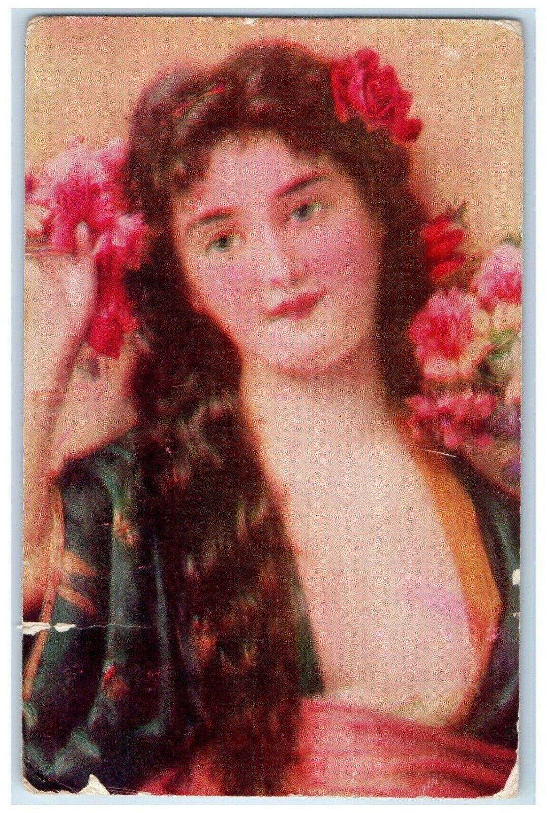 1907 Pretty Woman Curly Long Hair Flowers Tekoa Washington WA Antique Postcard