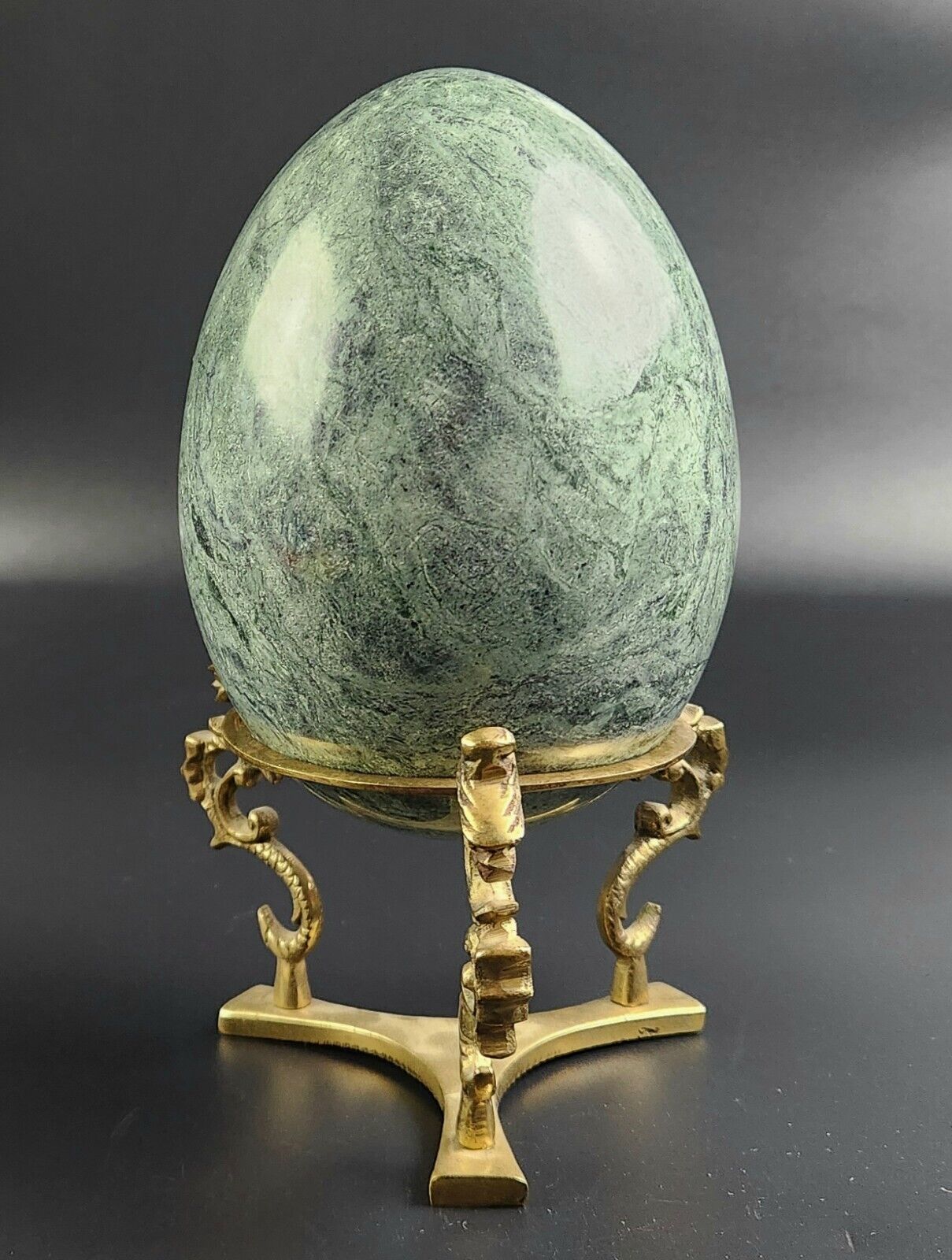 Vintage Large Granite Egg - Brass Tripod Stand - Made in Korea