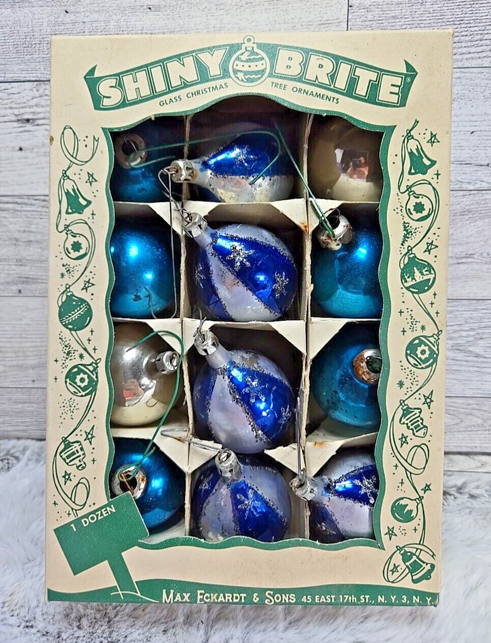Vintage Christmas Shiny Brite Blue Silver Glass  Ornaments Original Box Mixed