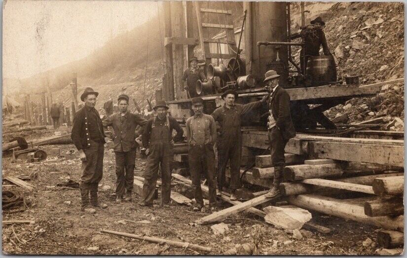 Vintage 1910s Construction Photo RPPC Postcard Steam Engine Crew Denim Labor