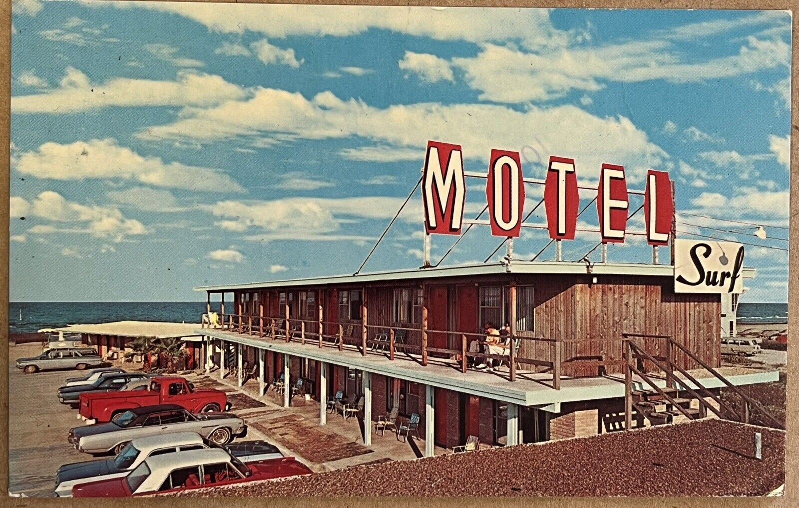 South Padre Island Texas Surf Motel Old Cars Truck People Vintage Postcard c1970