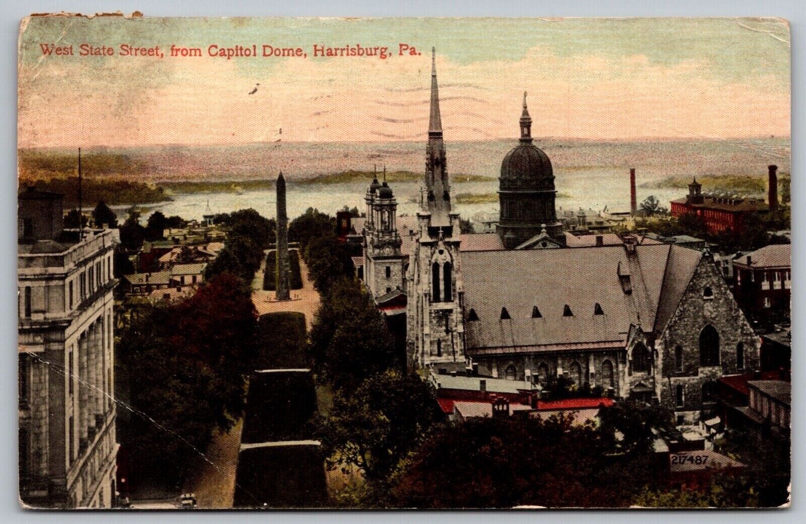 West State Street Capitol Dome Harrisburg Pennsylvania Birds Eye View Postcard