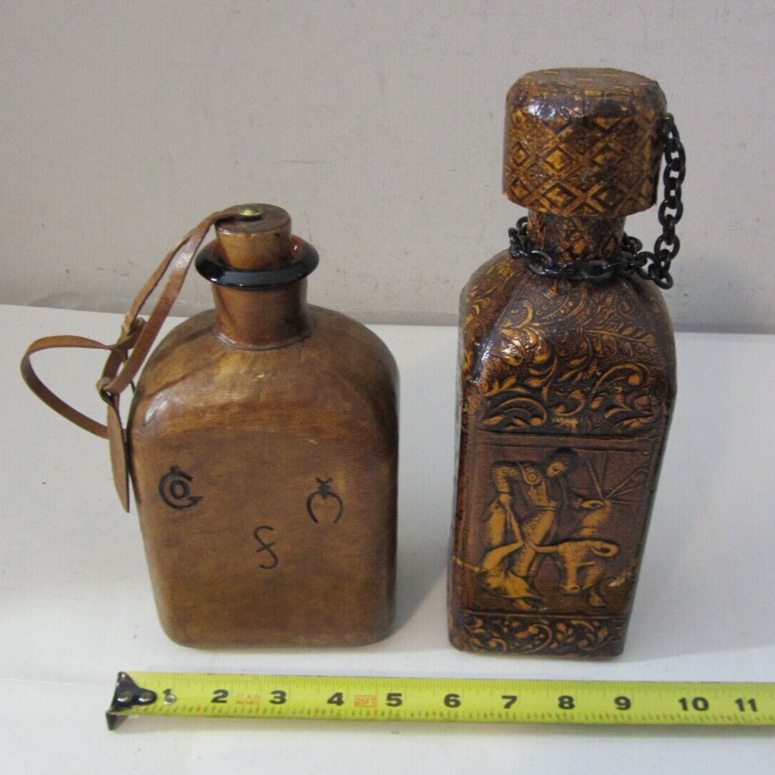 leather decanters SPAIN SPANISH gaucho cowboy decanter lot of 2 antique vintage