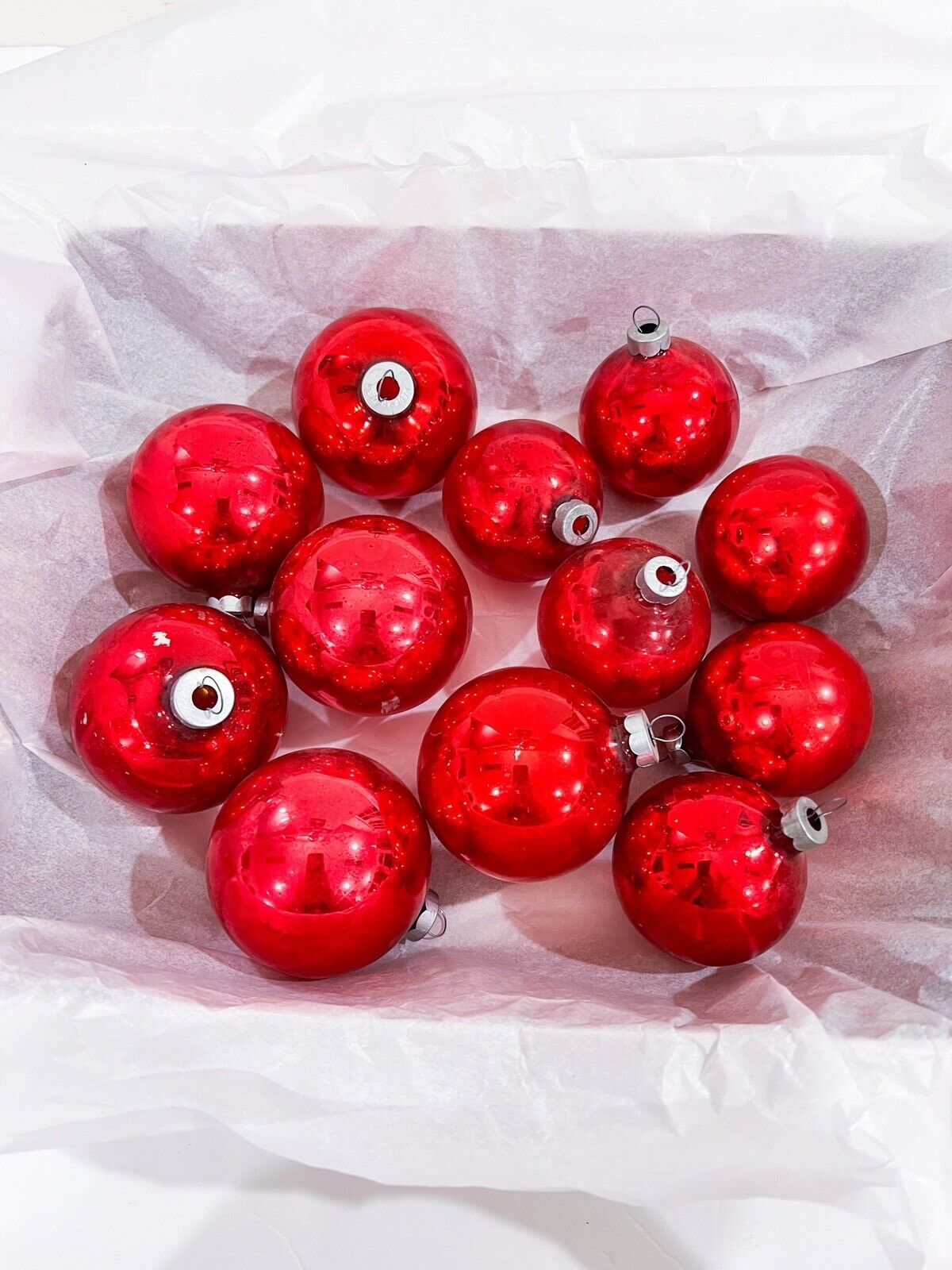 Lot of 12 Vintage Glass Round Shiny Brite Made in USA Red Christmas Ornaments