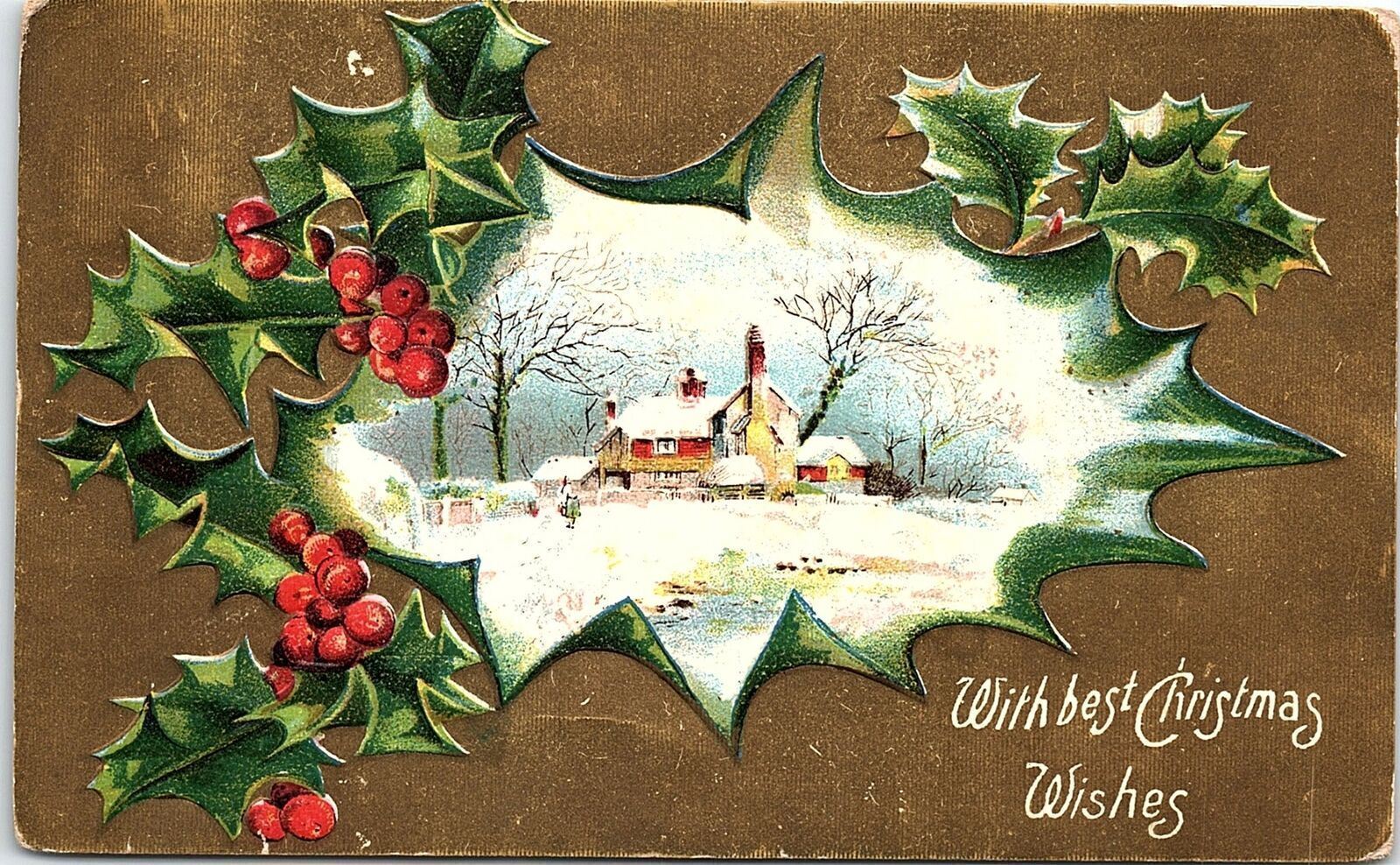 c1915 CHRISTMAS WISHES HOLLY SNOW SCENE OOSTBURG WIS EMBOSSED POSTCARD 41-157