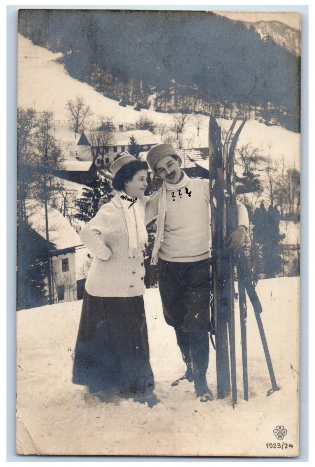 c1910\'s Couple Skiing Trip Winter Latvia Posted Antique RPPC Photo Postcard