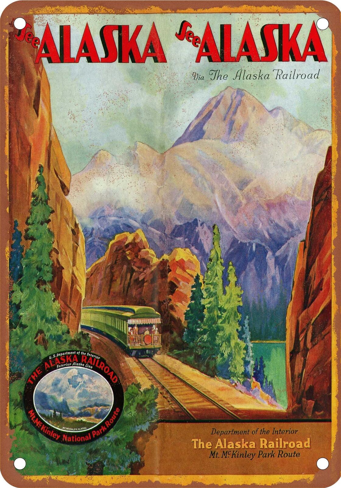 METAL SIGN - 1931 Alaska Railroad McKinley Park Route - Vintage Rusty Look