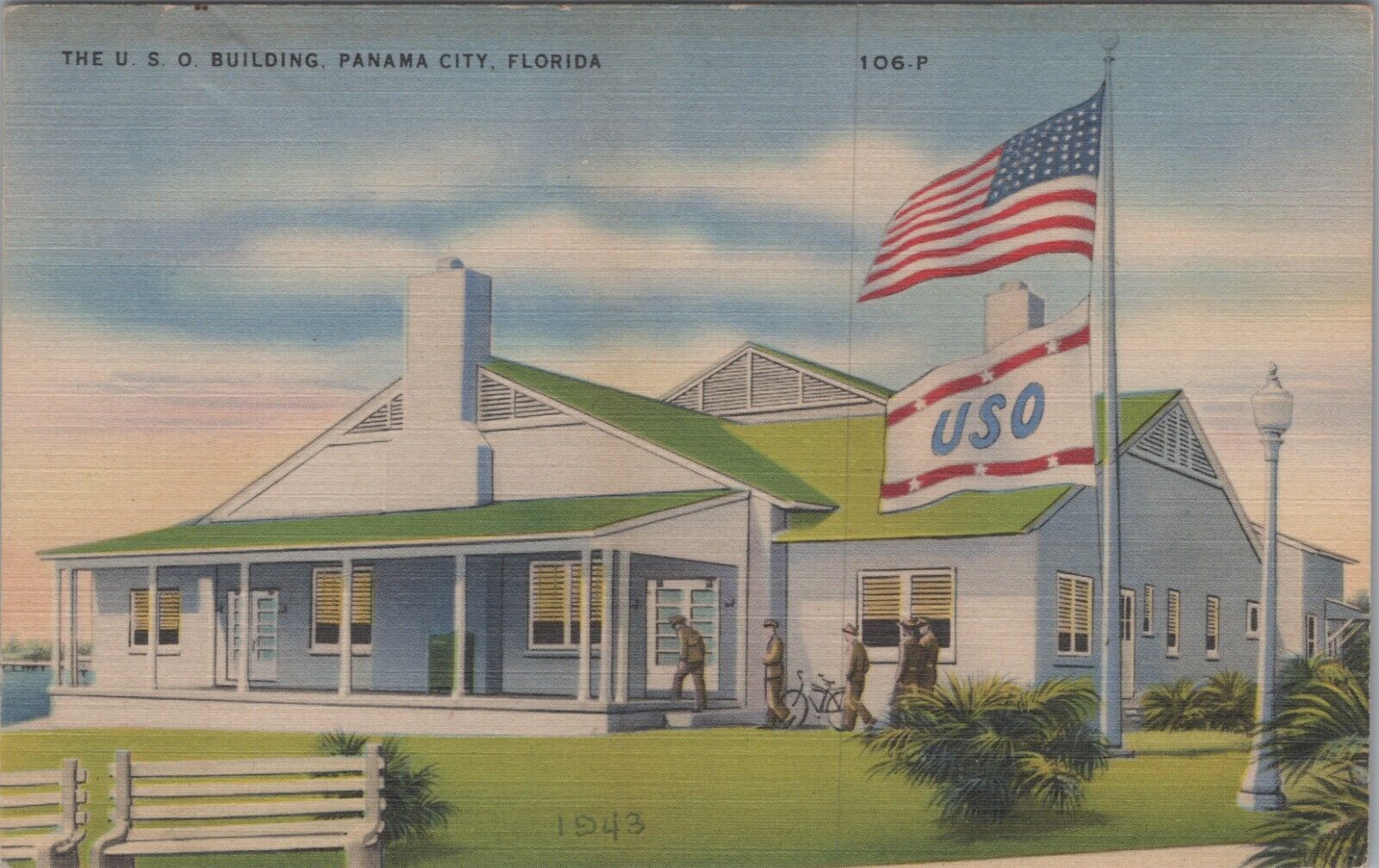 USO U.S.O. Building Panama City Florida FL Flags c1930s Postcard B3991.D1 MR ALE