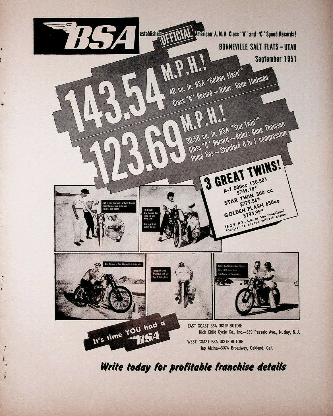1951 BSA Bonneville Salt Flats Utah Gene Theissen - Vintage Motorcycle Ad