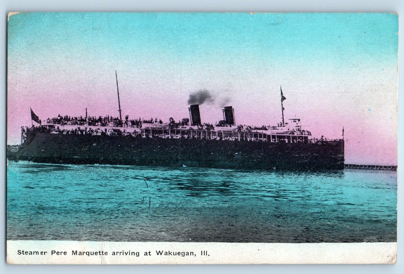 1910 Steamer Pere Marquette Arriving Passenger Ferry Wakuegan Illinois Postcard