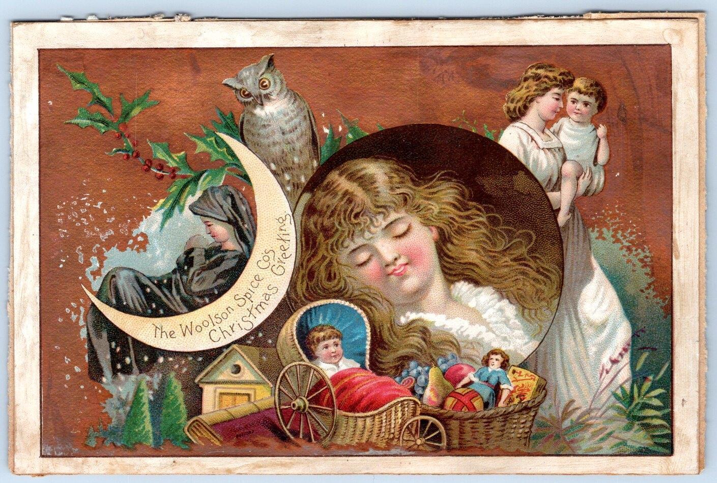 WOOLSON SPICE CO CHRISTMAS GREETINGS*GIRL DREAMS OF TOYS*CRESCENT MOON*OWL*HOLLY