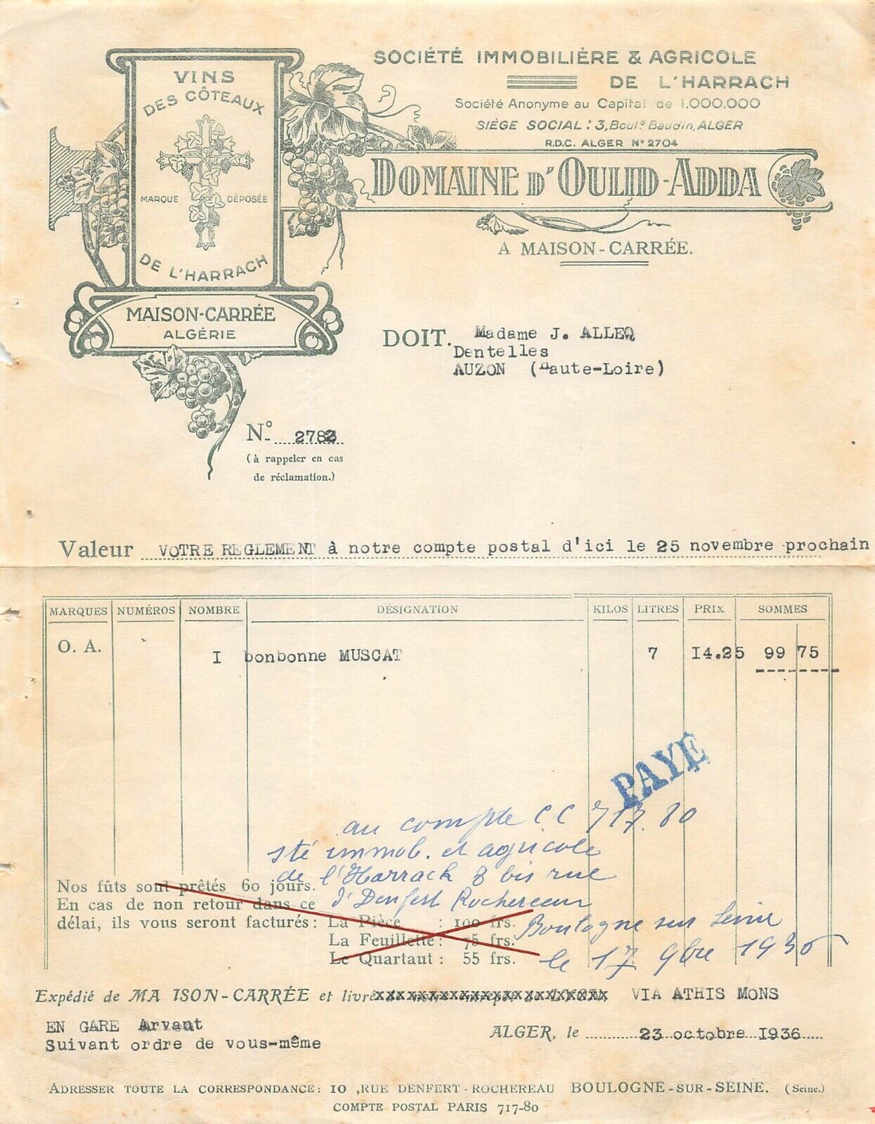 Antique Invoice Domaine D'Oulid-Adda- Home Square Algeria 1936