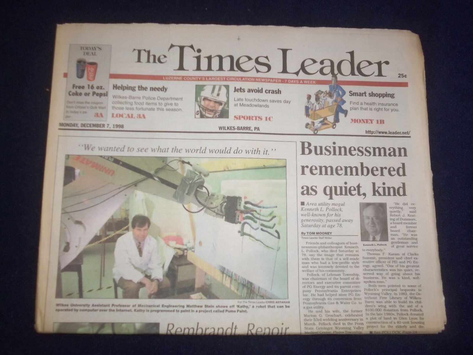 1998 DECEMBER 7 WILKES-BARRE TIMES LEADER - KENNETH POLLOCK REMEMBERED - NP 8233