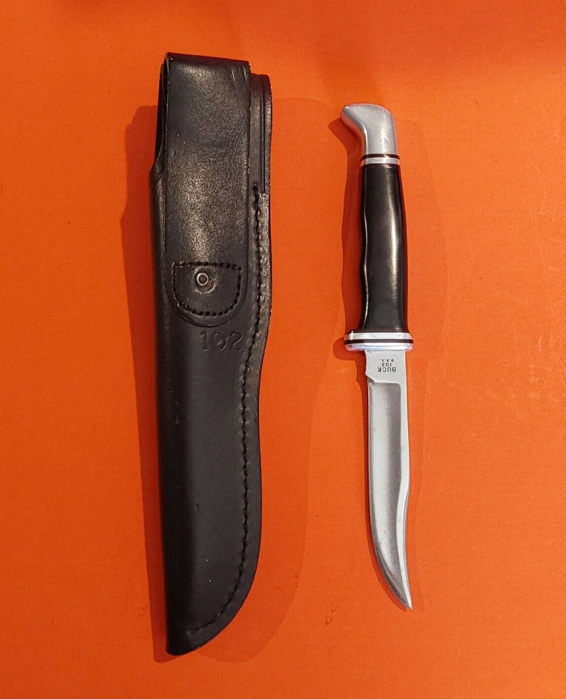 Vintage Buck 1970\'s Model 102 Woodsman Fixed Blade Sheath Knife Made USA