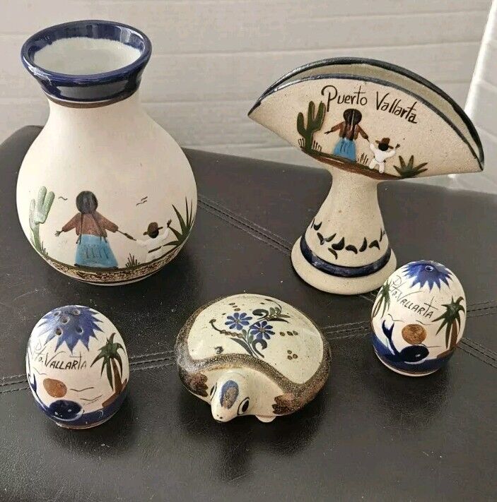 LOT of 5: Mexican Ceramic Pottery Folk Art Vase Napkin Salt  Puerto Vallarta 