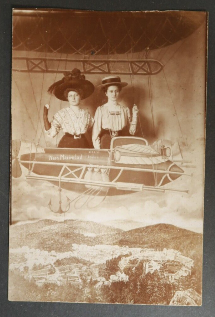 Narh Marienbad Postcard Zeppelin Blimp Airship RPPC Comedy Women in Blimp (Rare)