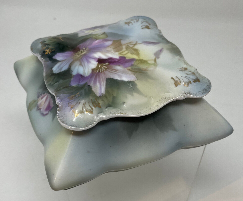 Antique RS Prussia Shallow square box with lid Purple Flowers