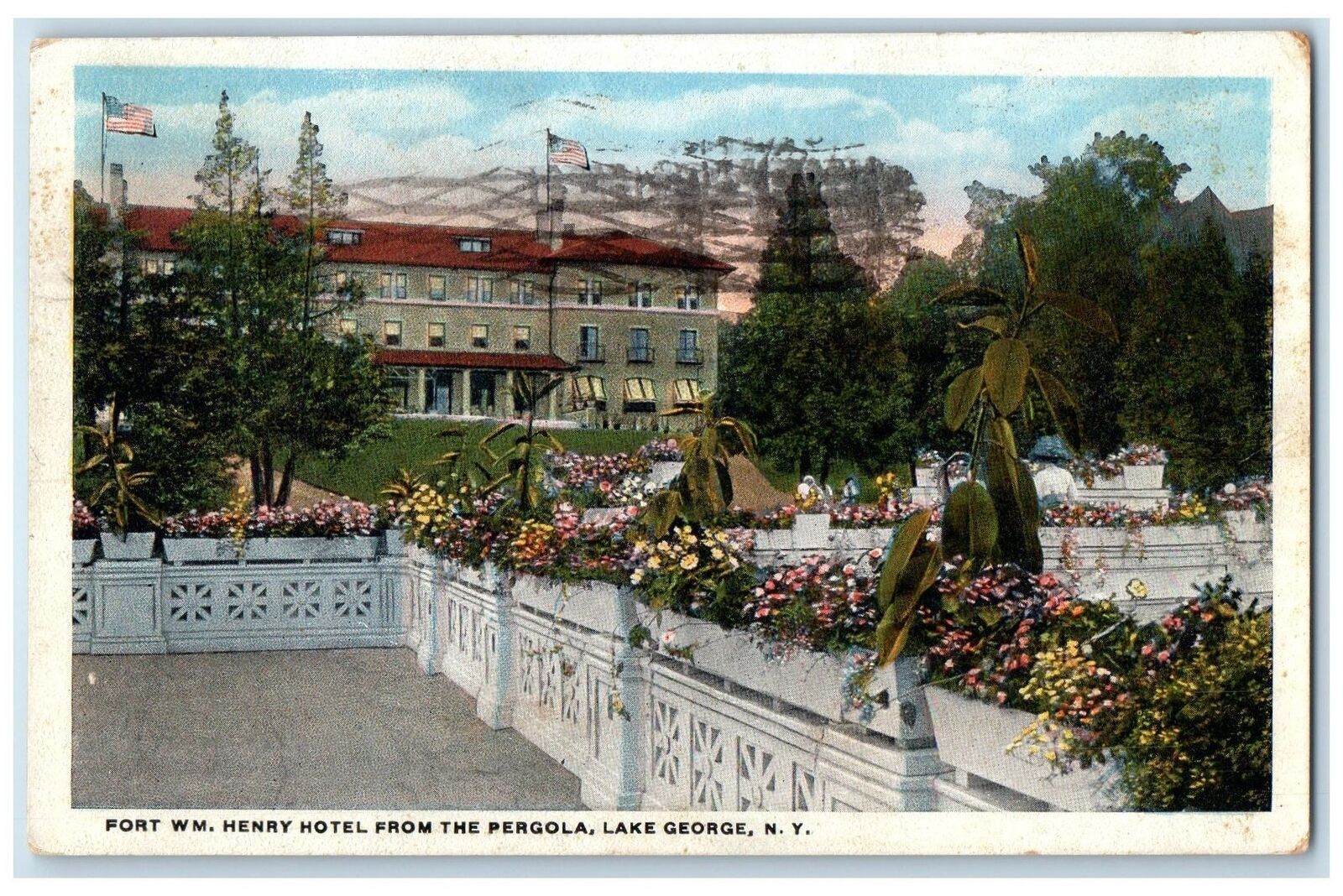1921 Fort WM Henry Hotel From Pergola Terrace Lake George New York NY Postcard