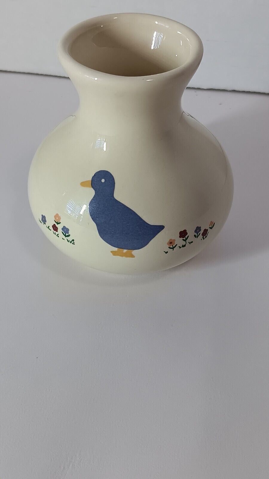 Vintage 80's Ceramic hand painted Duck and Flowers Candle Holder Vase 3 1/4