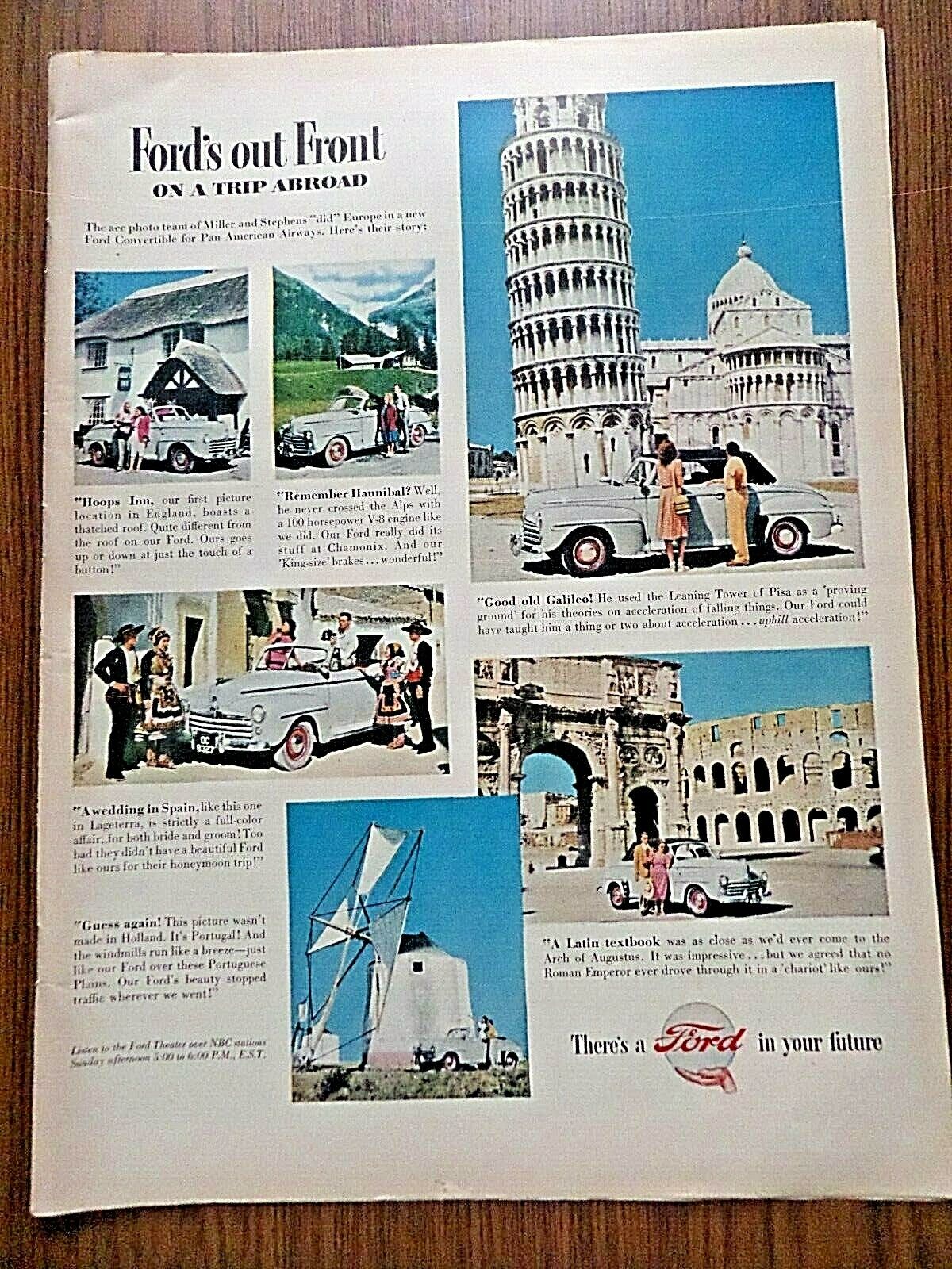 1948 Ford Out Front on a Trip Abroad Ad  England Spain Alps Galileo Italy Pisa