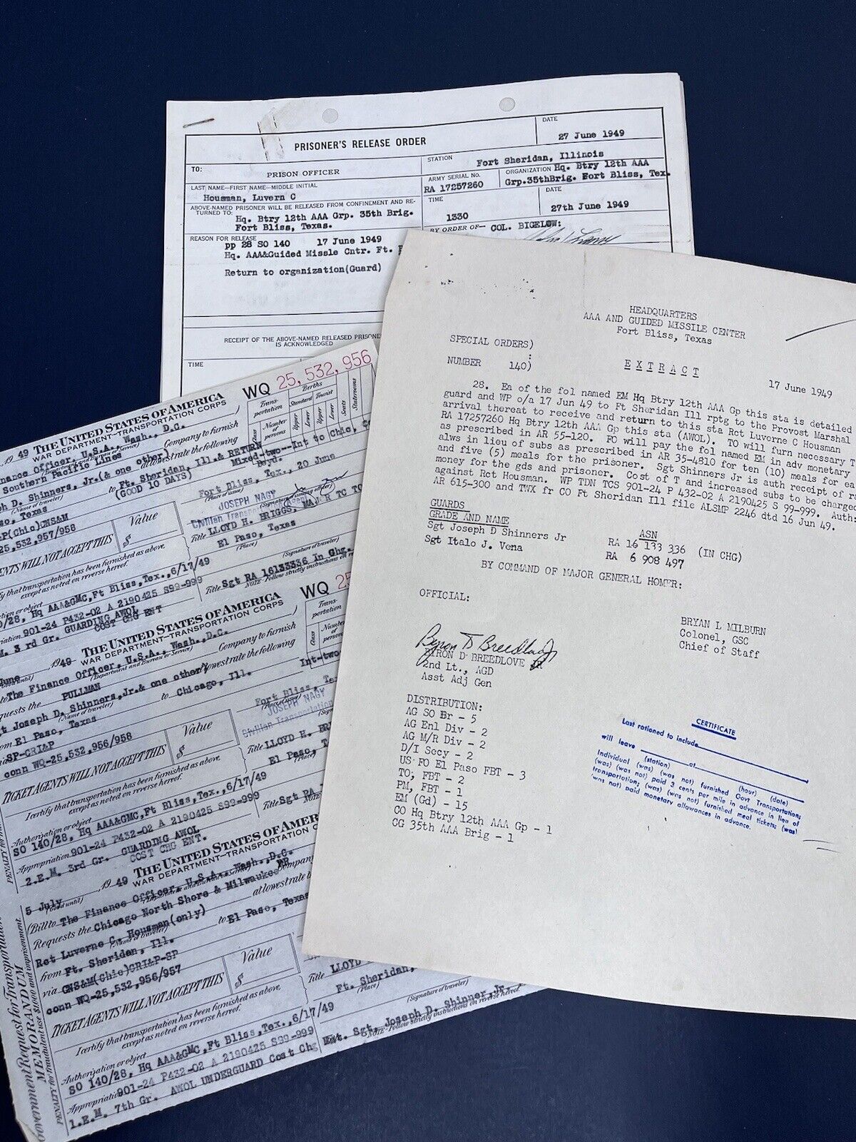 Fort bliss Texas Prisoner Release Order Of Release Military Forms June 17 1949