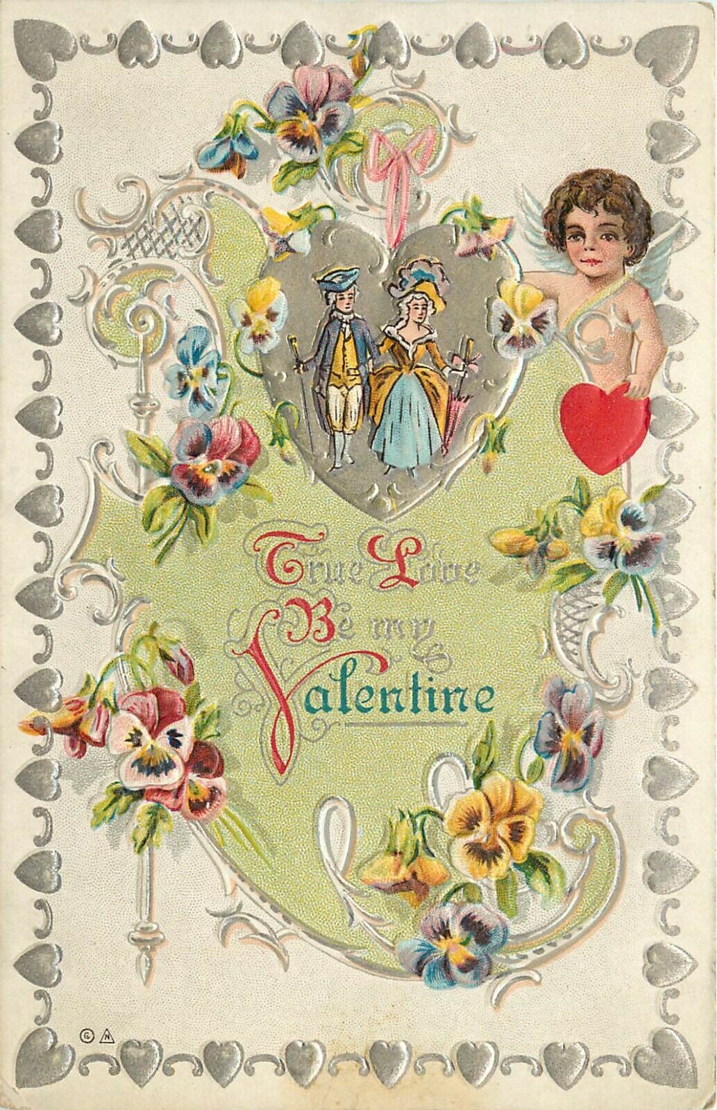 c1912 Embossed Valentine Postcard Nash Ser.30, Cupid, Couple & Silver Hearts