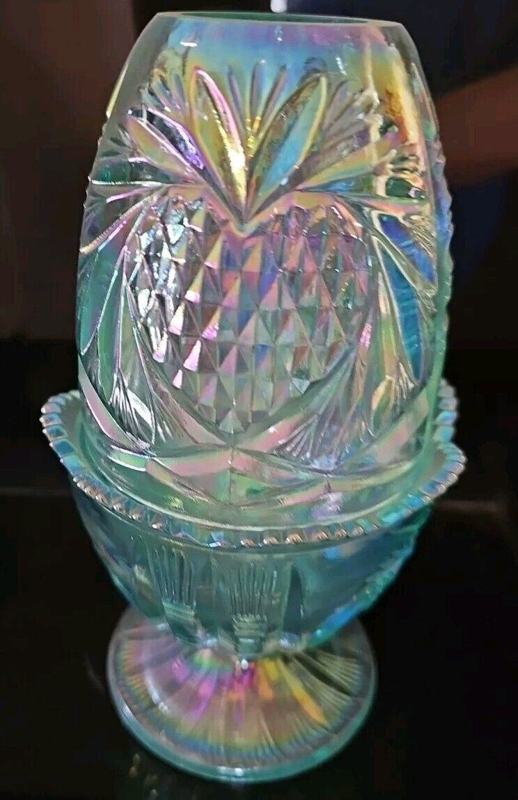Fenton Fairy Lamp Pineapple Heart Iridescen Carnival Teal Blue Vintage Cs