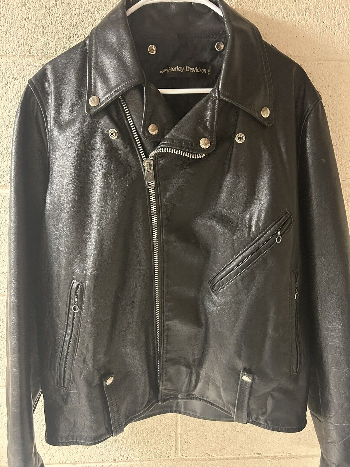 Men’s Vintage 1970’s Harley Davidson Leather Motorcycle Jacket Black Size 46 Reg