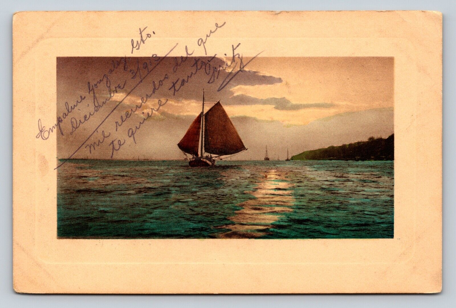 Sailing Boat Scenery With Nice Message Spanish VINTAGE Postcard