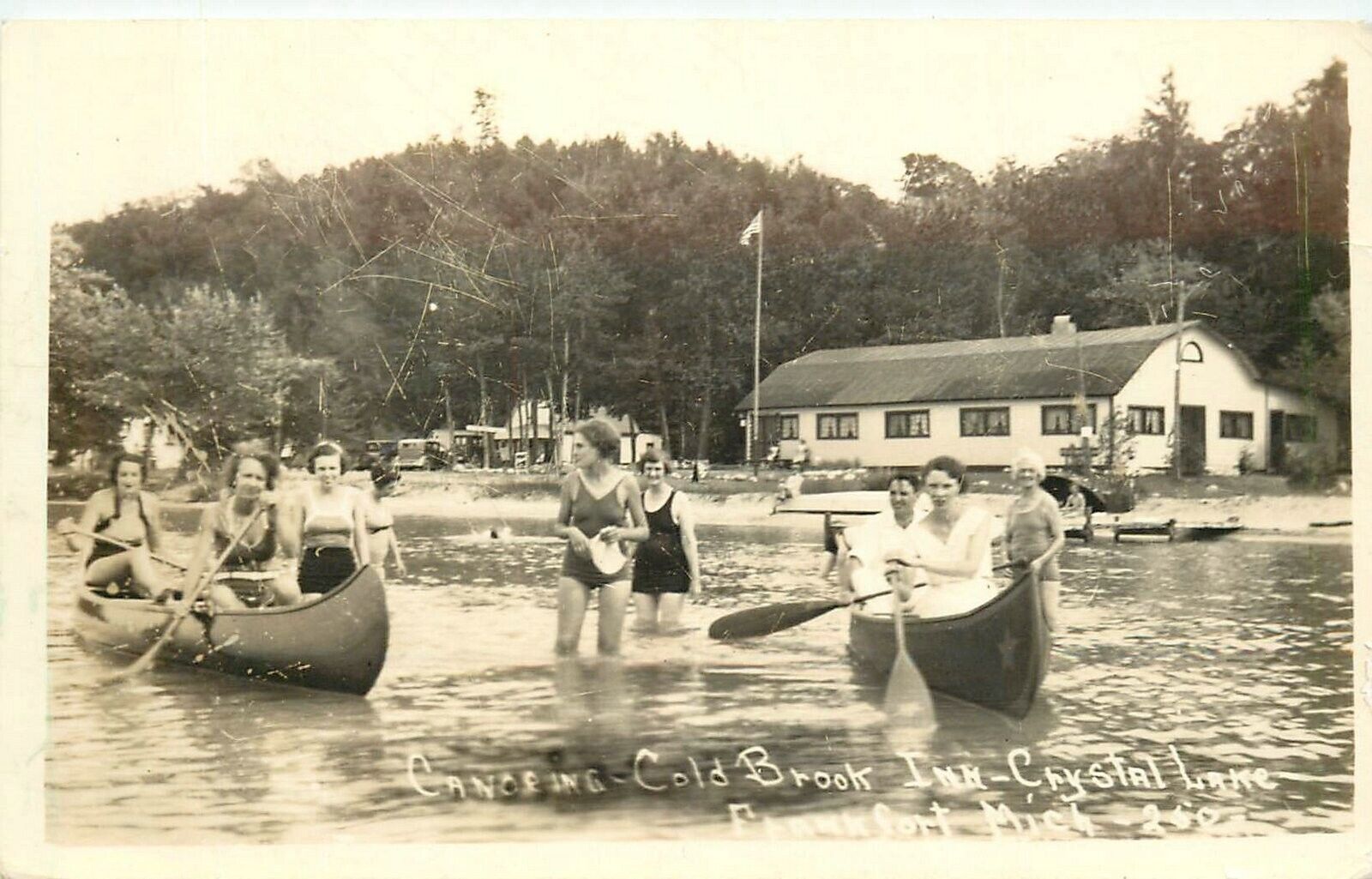 Postcard RPPC 1920s Michigan Frankfort Canoeing Cold Brook Inn MI24-255