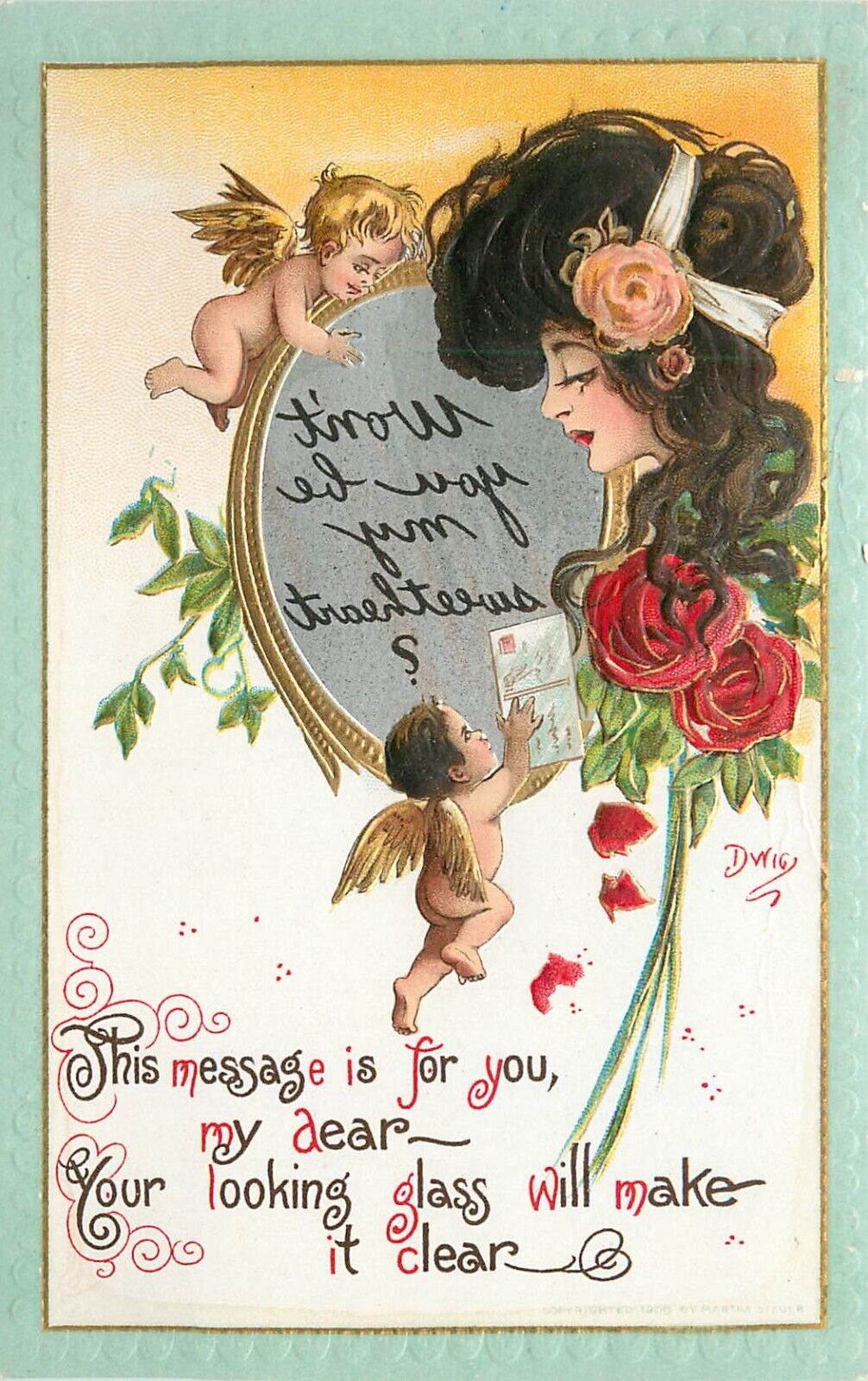 Embossed Postcard Artist Dwig Mirror Writing Series 30 Romance Be My Sweetheart