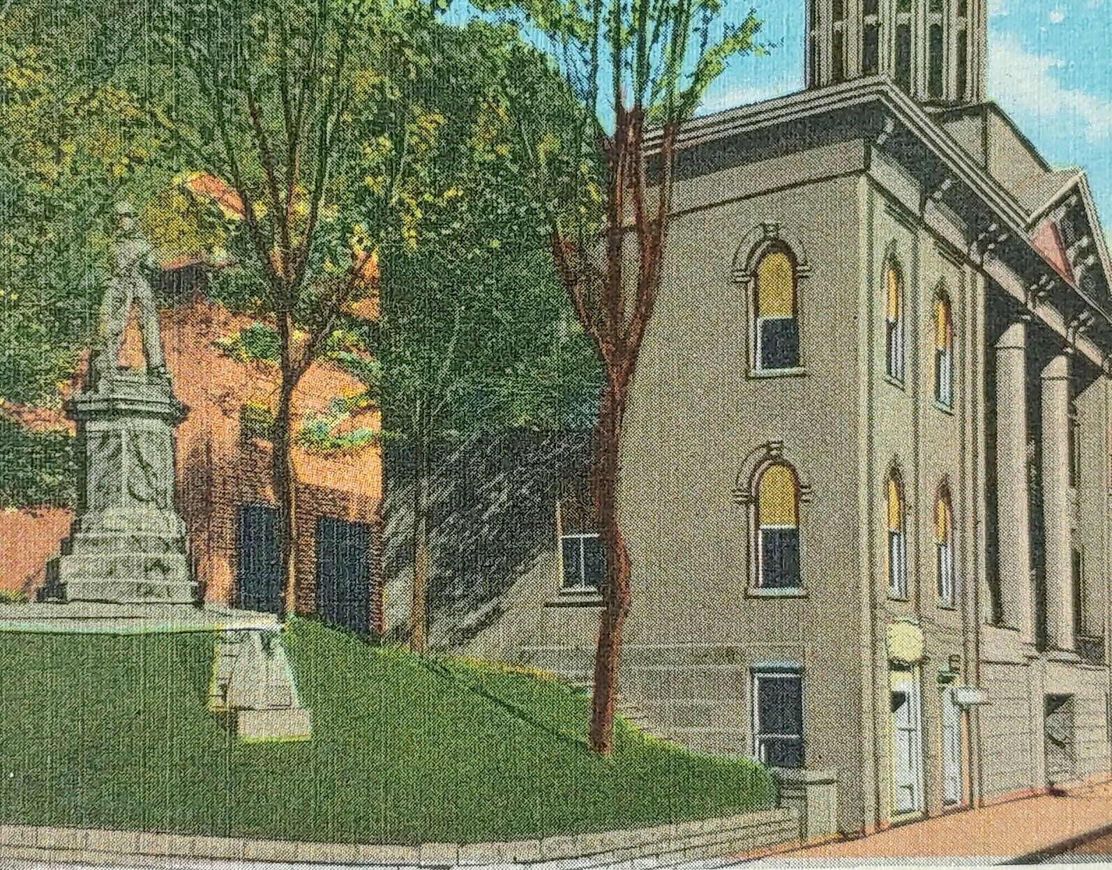 c1930 Meigs County Court House Pomeroy Ohio Linen Postcard Monument Statue