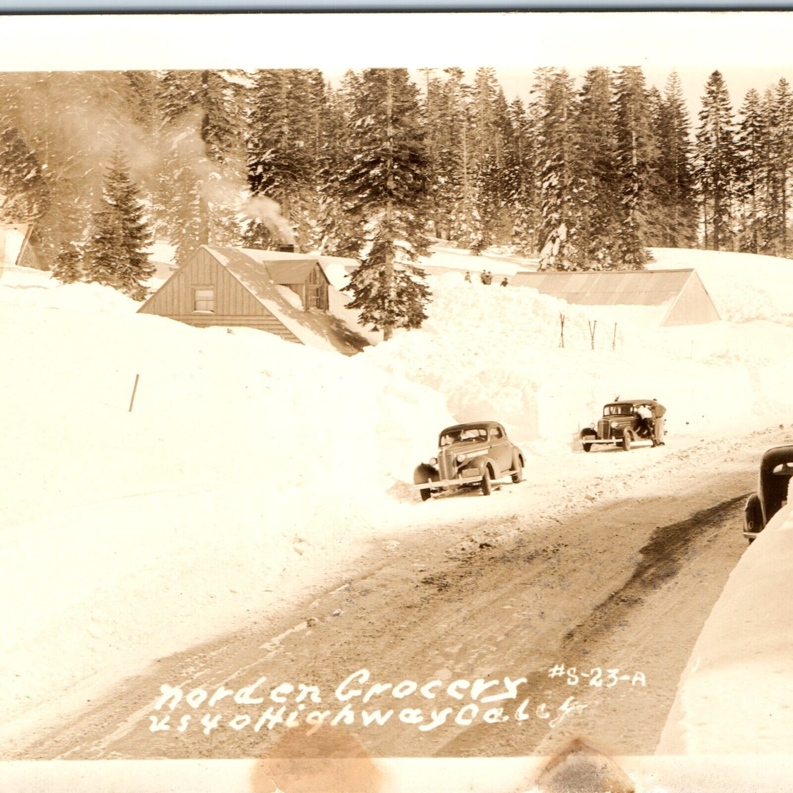 c1940s Norden, CA RPPC Grocers US 40 Real Photo Blizzard Snow Drift Cars PC A97