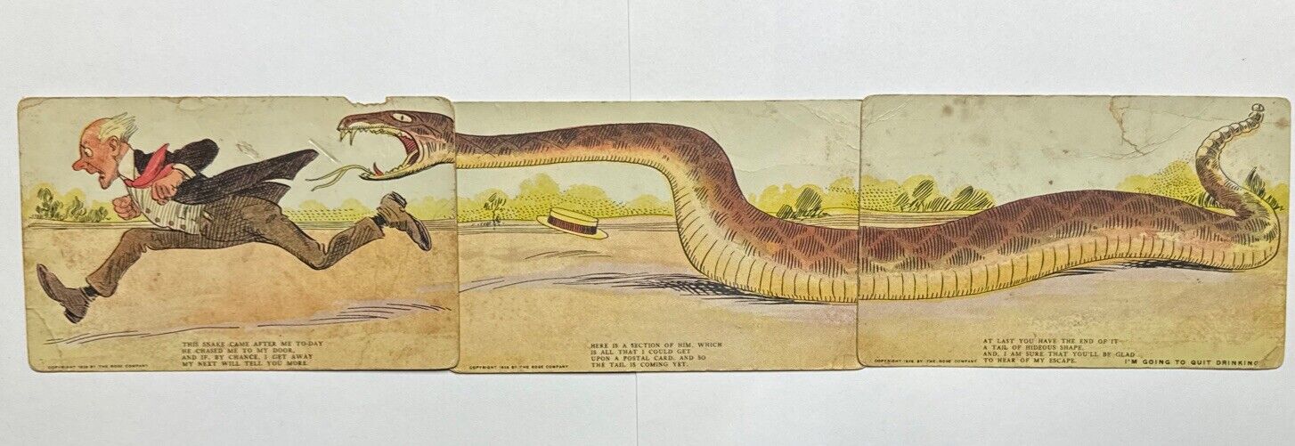 Rare Man Chased by Snake Sequence of 3 c1906 Postcards