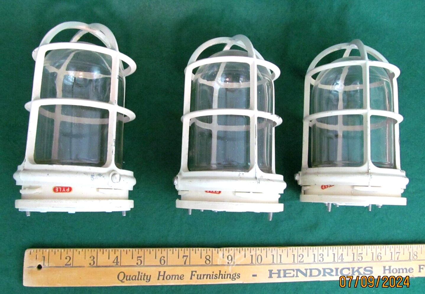 3 Vintage Pyle Industrial Metal Light Fixtures - Nice  Globes & Cages Steampunk