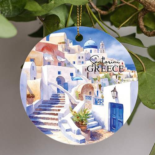 Santorini Greece Ornament, Santorini Illustration Art, Travel Gift Ornament