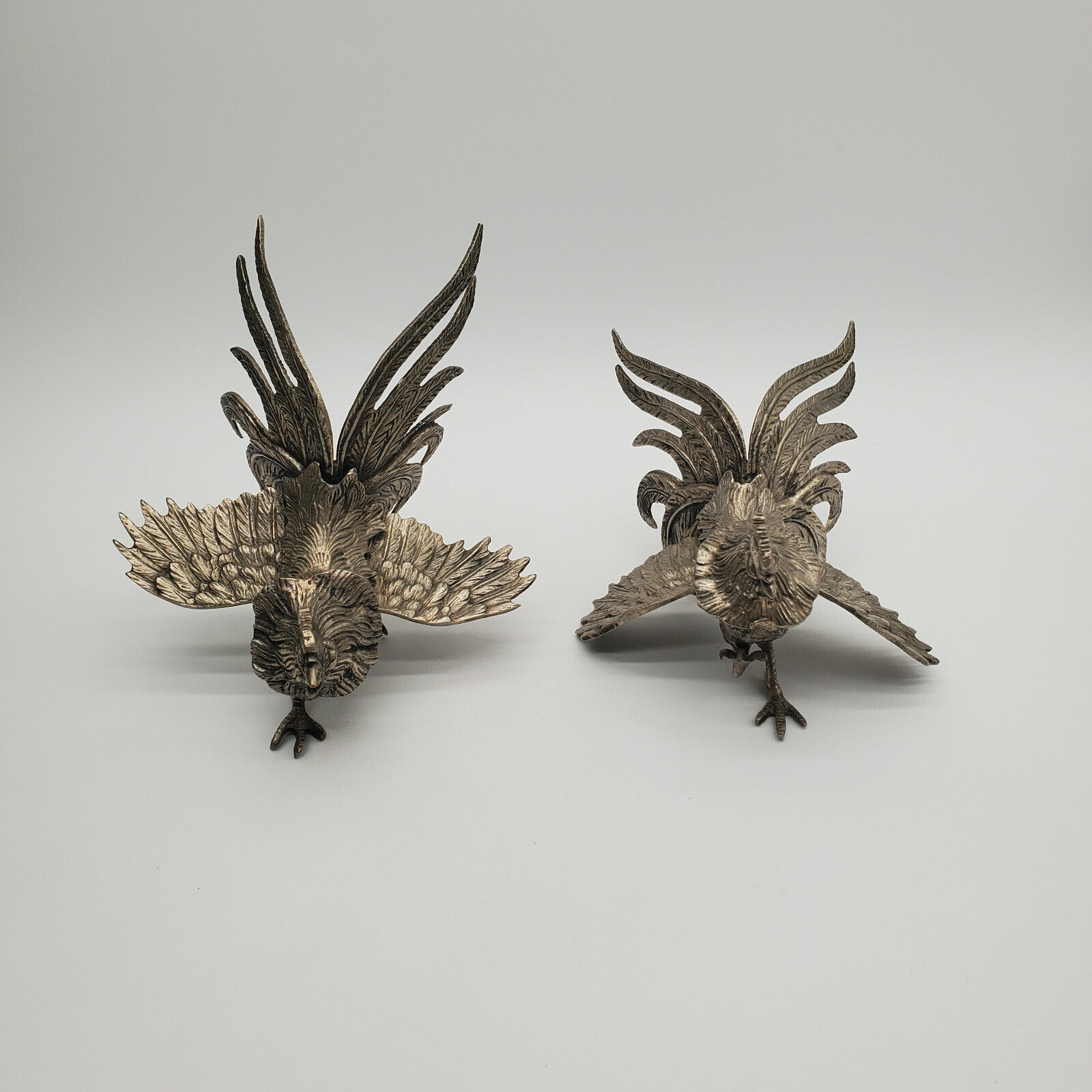 2 Vintage Ornate Brass Fighting Roosters Sculptures