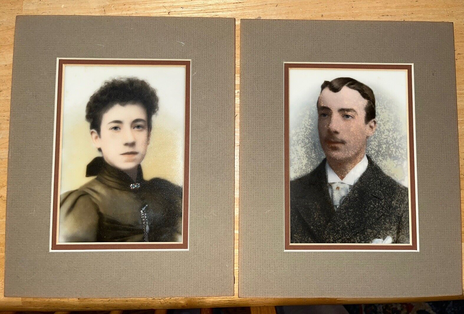 PAIR 19th c Whole Plate Opalotype Photos Milk Glass Handpainted Young Man Woman