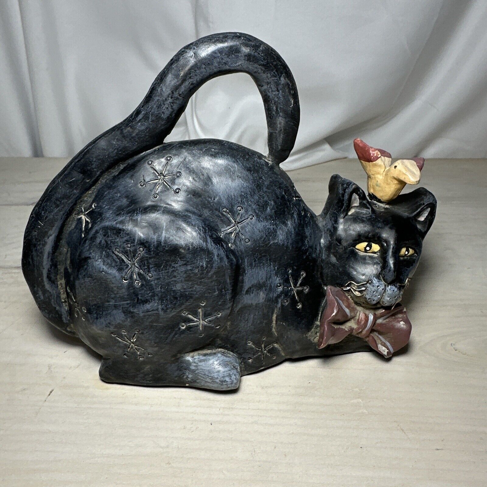 8x6.25”T Black Cat Bow Tie Bird On Head Figurine