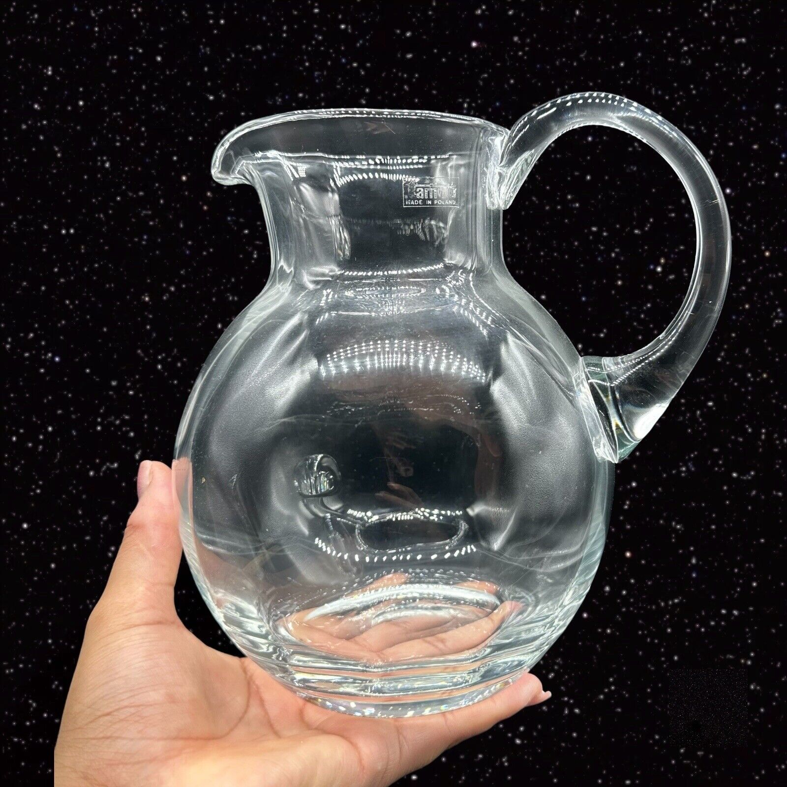 Vintage Tarnow of Poland Pitcher Art Glass Clear Crystal Carafe Polish 8”T 7.5”W