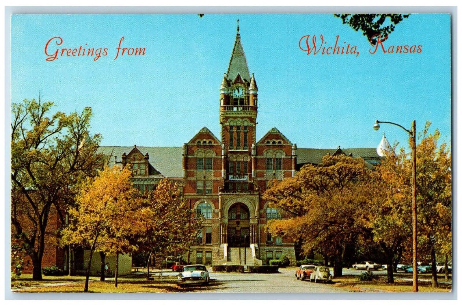 Wichita Kansas KS Postcard Greetings Higher Of Education Building Cars c1950's