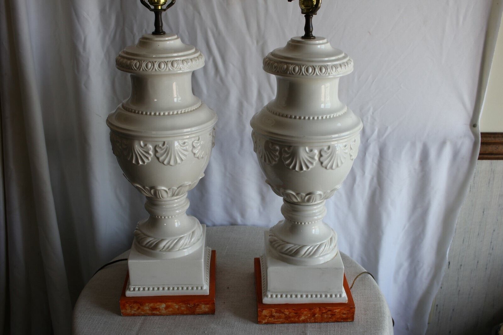 Large Pair of Carved White Porcelain Table Lamps