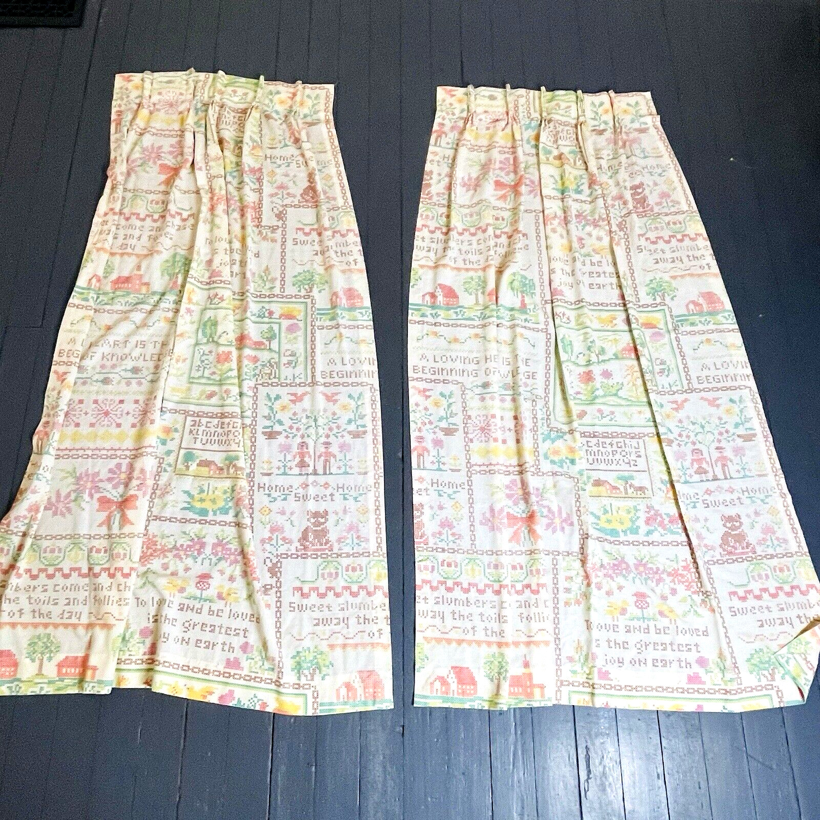 2 Vintage Sears Pinch Pleat Drapes Curtains Cross Stitch Sampler Flowers 23x60