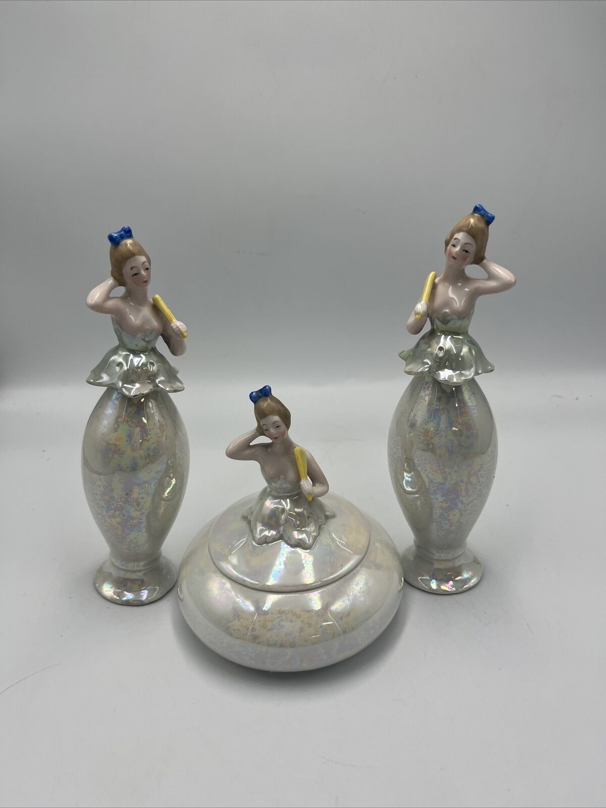 Art Deco Bavaria Figural Ladies 3 Pc Dresser Set Powder Jar Perfume Bottles NUDE