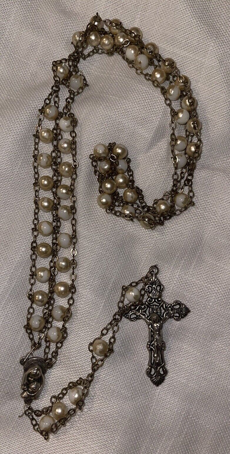 VTG Rosary Silver Tone Metal Cross Faux Pearls Catholic Prayer Beads Tiered 22”