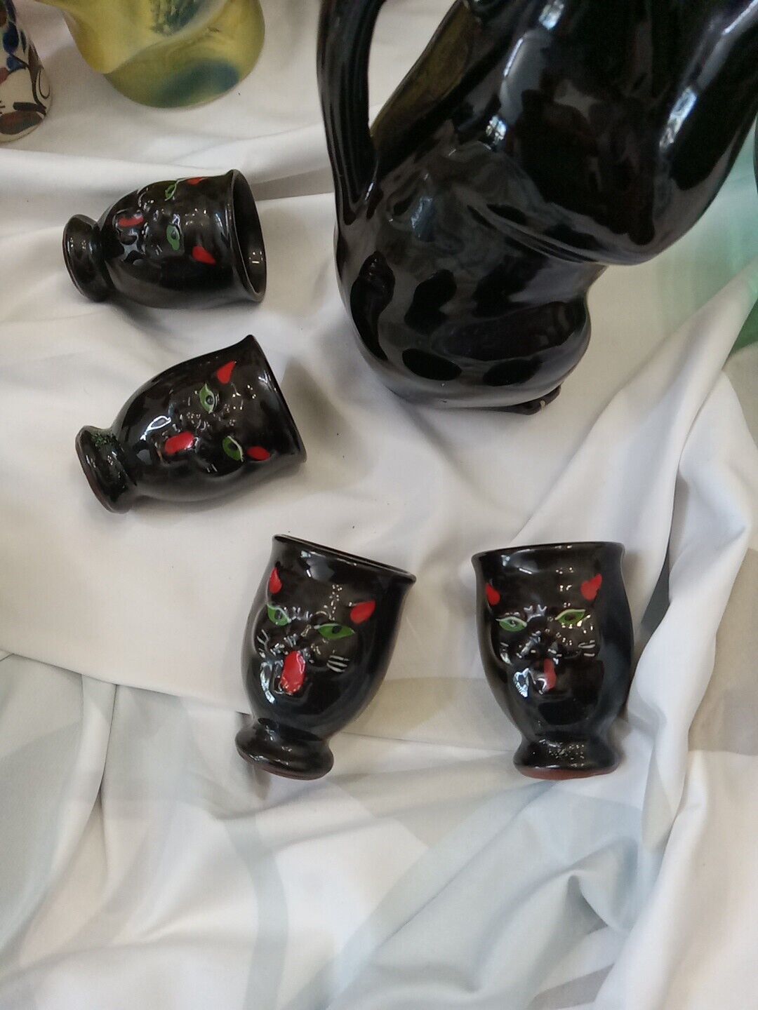 Vintage Shafford black Cat Decanter With 4 Cups