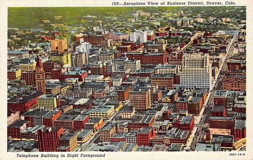 Postcard CO: Aeroplane View, Business District, Denver, Colorado, Vintage Linen