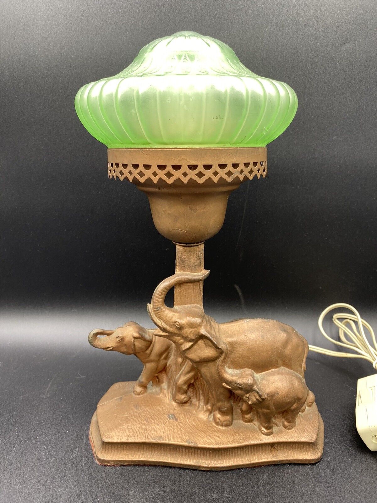 Vintage Green Uranium Shade On Metal Art Deco Elephant Lamp