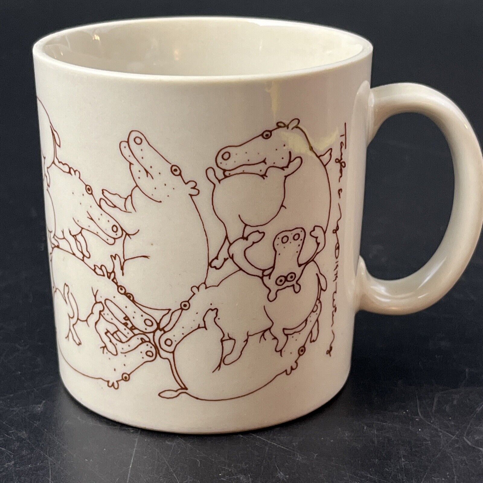 Vintage Taylor & Ng Naughty Hippo Hippopotamus Orgy Brown Ceramic Japan 1979 Mug