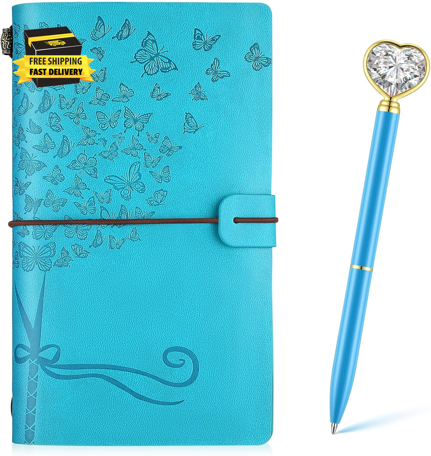 2 Pcs Butterfly Leather Journal Notebook and Heart Crystal Diamond Pens Set 7.9\